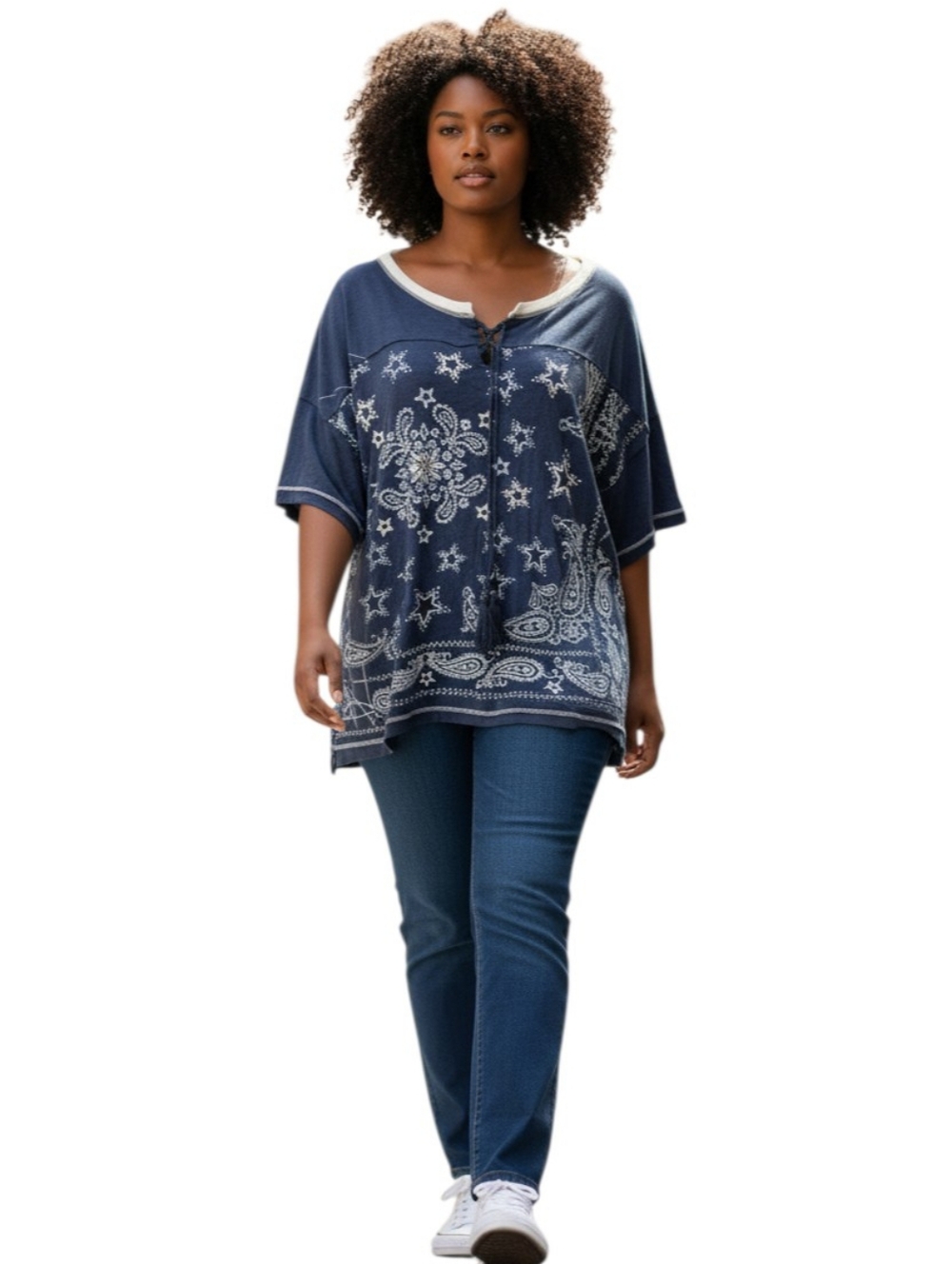 Double D Ranch Navy Bandana Paisley Oversized Tunic Top Western Boho Sz 1X
